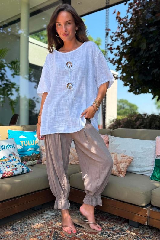 Izi Cheesecloth Button Tee White